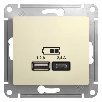 Розетка usb для зарядки Schneider Electric Glossa, с разъёмами тип А + тип С, на винтах, бежевый