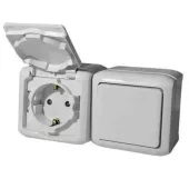 Блок выключатель одиночный с подсветкой + розетка с заземлением Legrand Quteo, с защитными шторками, на винтах, с крышкой, ip44, серый