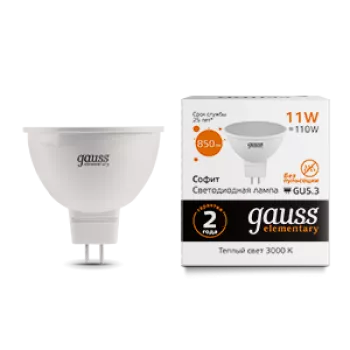 Лампа Gauss Elementary MR16 11W 850lm 3000K GU5.3 LED 220V