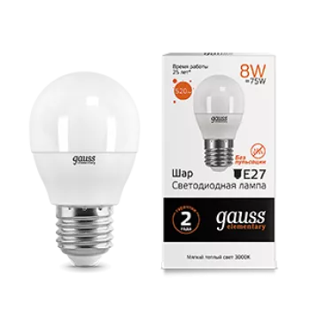 Лампа Gauss Elementary Шар 8W 520lm 3000K Е27 LED 220V