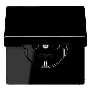 Розетка с заземлением Jung LS, с защитными шторками, на клеммах, с крышкой, ip20, черный