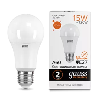 Лампа Gauss Elementary A60 15W 1320lm 3000K E27 LED 220V