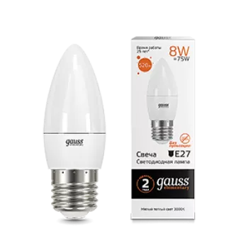 Лампа Gauss Elementary Свеча 8W 520lm 3000K Е27 LED 220V