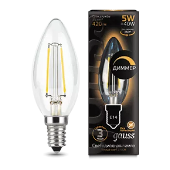 Лампа Gauss Black Filament Свеча 5W 420lm 2700К Е14 диммируемая LED 220V