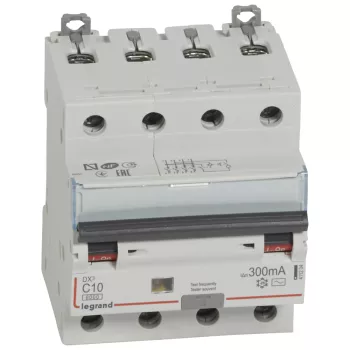 Автоматический выключатель дифференциального тока (АВДТ) Legrand DX3, 10A, 300mA, тип AC, кривая отключения C, 4 полюса, 6kA, электро-механического типа, ширина 4 модуля DIN